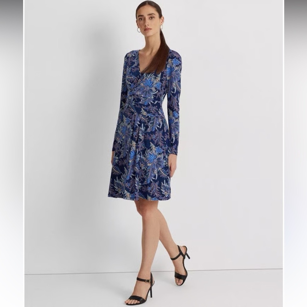 Lauren Ralph Lauren Women’s Floral Jersey Long Sleeve Dress Size 8 Navy Blue NWT